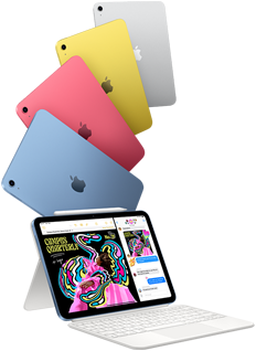 iPad in blue, pink, yellow and silver colours, and iPad attached to the Magic Keyboard Folio with Apple Pencil