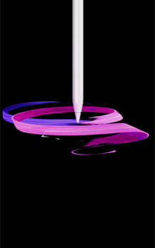 Apple Pencil Pro, front exterior, portrait orientation, side profile, white colour, drawing abstract purple and pink ribbons design
