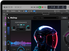 Screen content demonstrating MicDrop software using AI features to edit a vocal recording on a MacBook Pro
