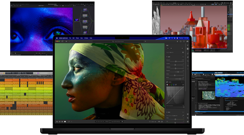 A variety of colourful screen content from music production, video editing, 3D animation, and photo editing apps on Mac, demonstrating powerful graphics performance